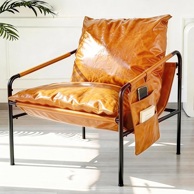 Modern Bright Orange Oversized Faux Leather Chair, Recliner Armchair, Comfy Accent Chair with Sturdy Metal Frame, Armrest bag, Indoor Outdoor couch sofa Chair for Living Room Bedroom Patio lounge
