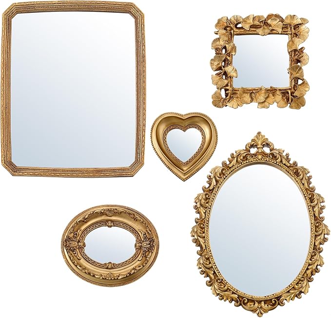 5 Pcs Vintage Gold Mirror Luxury Set Small Gold Mirrors Gallery Wall Mirror Hanging Antique Art Decor for Wall Living Room Entryway Assorted Sizes (11in/8in/6in/4in,Cute Style)