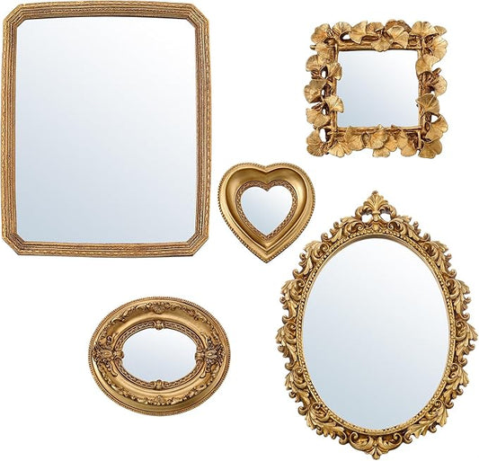 5 Pcs Vintage Gold Mirror Luxury Set Small Gold Mirrors Gallery Wall Mirror Hanging Antique Art Decor for Wall Living Room Entryway Assorted Sizes (11in/8in/6in/4in,Cute Style)