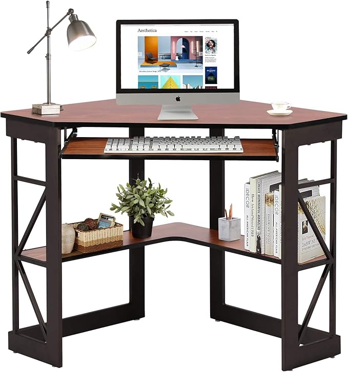 VECELO Corner Computer Desk 41 x 30 inches with Smooth Keyboard & Storage Shelves for Home Office Workstation, Teakwood Brown