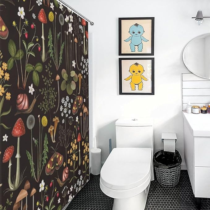 Mushroom Shower Curtain, Retro Wild Floral Botanical Mushroom Floral Moth Cottagecore Nature Plants Leave Herbs Black Farmhouse Waterproof Fabric Bathroom Shower Curtain Set with Hooks, 72"x84" Inch