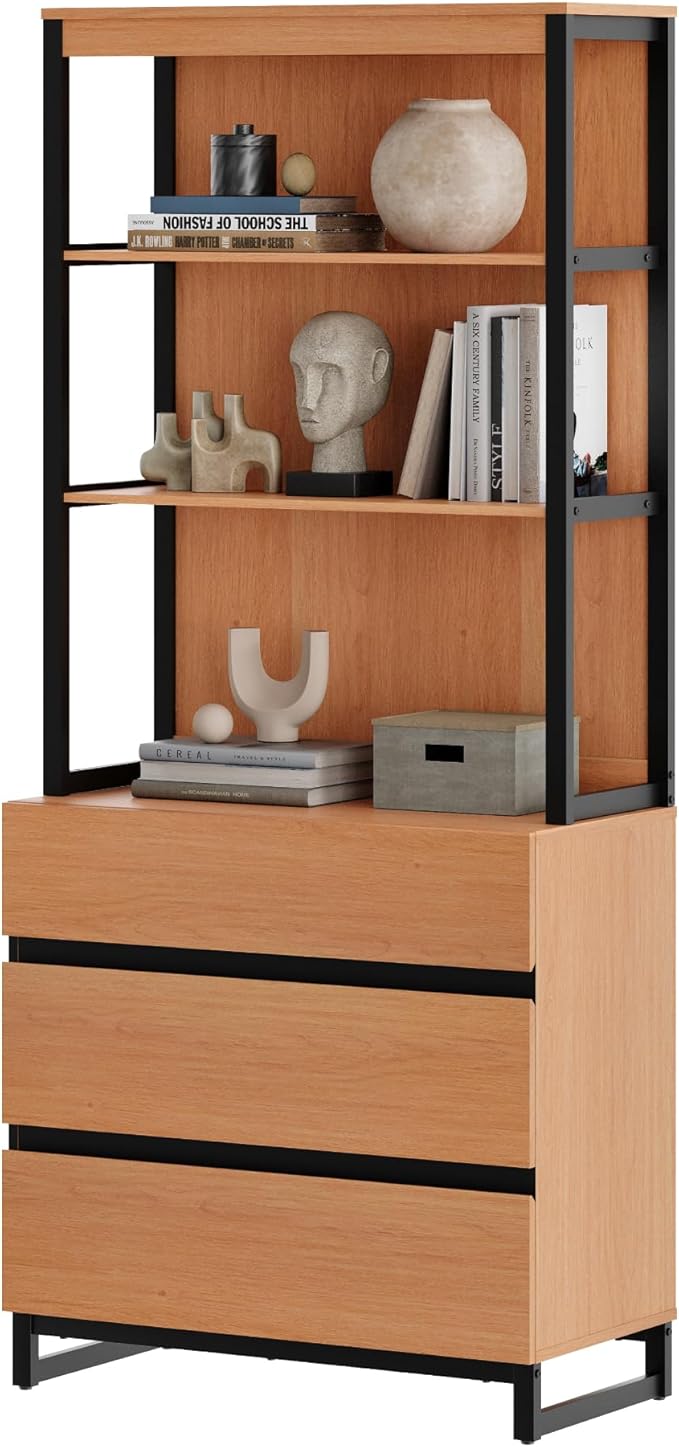 WAMPAT Modern 72" Tall Bookcase with 3 Drawers and Open Book Shelfs, Library Book Shelf with Storage Cabinet, Wood Freestanding Bookshelf for Home Office, Living Room, Mocha