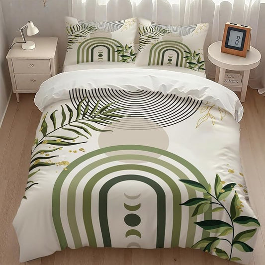 Boho Green Leaf Bedding Set,Abstract Bohemian Mid Century Aesthetic Comforter Set,Modern Simple Minimalist Geometric Plant Botanical Palm Leaf Bed Sets,Queen 90"x90"