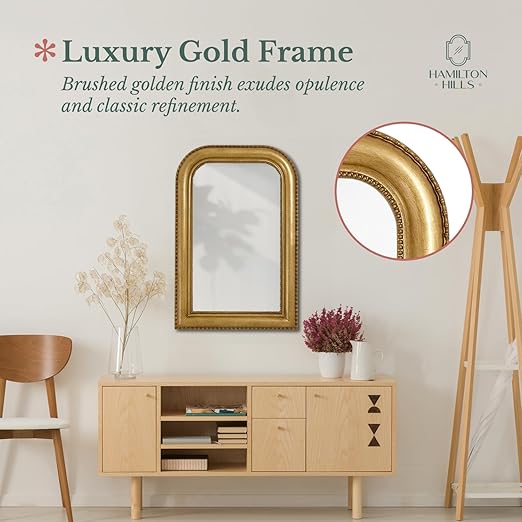 Hamilton Hills 20" x 30" Classic Gold Framed Rich Framed Top Round Corner Mirror - Thick Arched Top Rich Wall Mirror - Vanity for Bathroom Decor, Bedroom, Living Room - Hangs Horizontal or Vertical