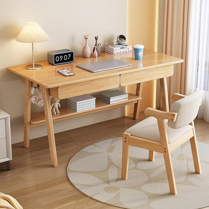 Solid Wood Writing Desk, Mid-Century Modern Desk with 2 Drawers and Storage Shelf, Home Office Computer Desk, Easy Assembly(31inches, Natural)