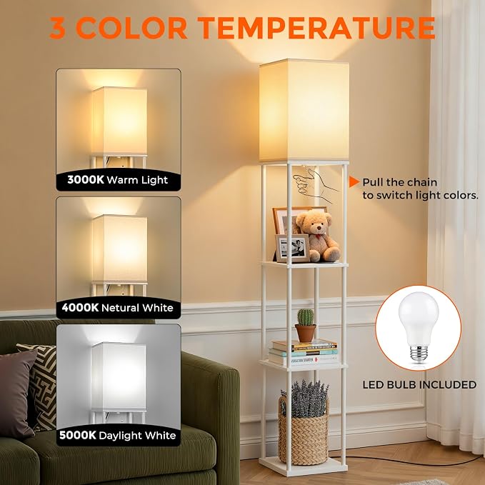 FOLKSMATE Floor Lamp with Shelves, 3-Tier Modern Square Bookshelf Floor Lamp, 3 Color Temperature Bulb Included, Floor Lamps for Living Room Bedroom Corner - White