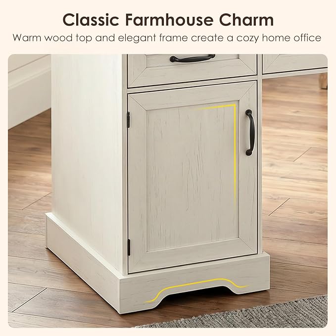 OffiGo 59 Inch Farmhouse Desk with Drawers, Executive Computer Desk with Charging Station, Wood File Cabinet Storage for Home Office, Walnut+White
