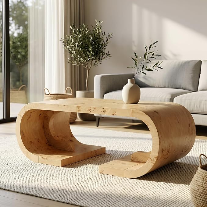 SSLine Mid-Century 47.24" Curved Coffee Table with Pedestal Base Burl Wood Veneer Natural Grain Top Center Table C-Shaped Center Tables for Living Room Bedroom