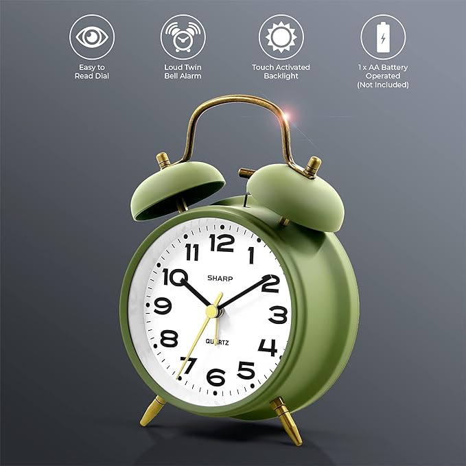 Sharp Twin Bell Alarm Clock, Loud Alarm Great for Heavy Sleepers - Stylish Matte Finish with Rustic Bronze Accents, Battery Operated (Matte Sage)