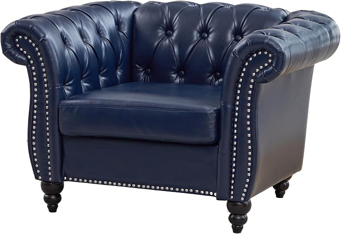 LEVNARY Chesterfield Armchair, Tufted Leather Accent Chair, Mid-Century Modern Single Chair with Rolled Arms and Nailhead Trim, PU Leather Reading Chair for Living Room (Blue)
