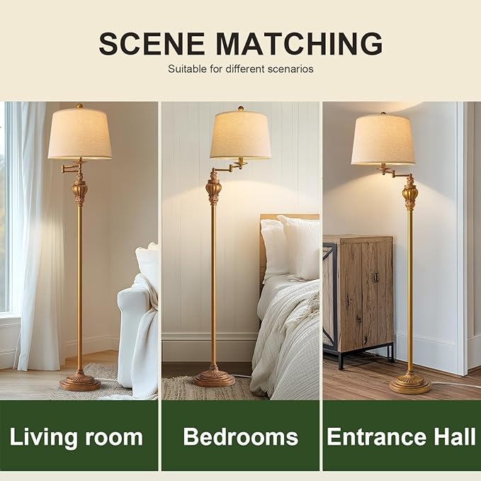 G-SAFAVA 61" Vintage Floor Lamp with 350° Adjustable Swing Arm, Gold Standing Lamp for Bedroom Living Room Nightstand Bedside Retro Farmhouse Mid Century Lamp Light Home Décor Office Gifts