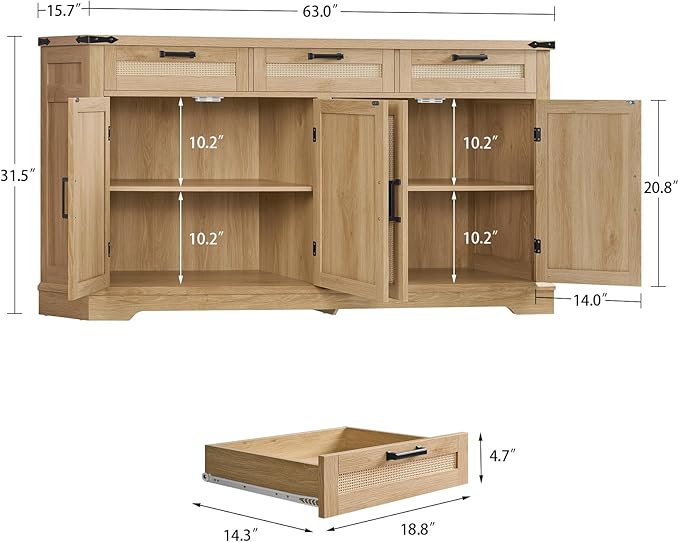 usikey Large Sideboard Buffet Cabinet with 4 Doors and 3 Drawers, Farmhouse Buffet Table, Dining Room Storage Cabinet for Kitchen or Living Room, Natural