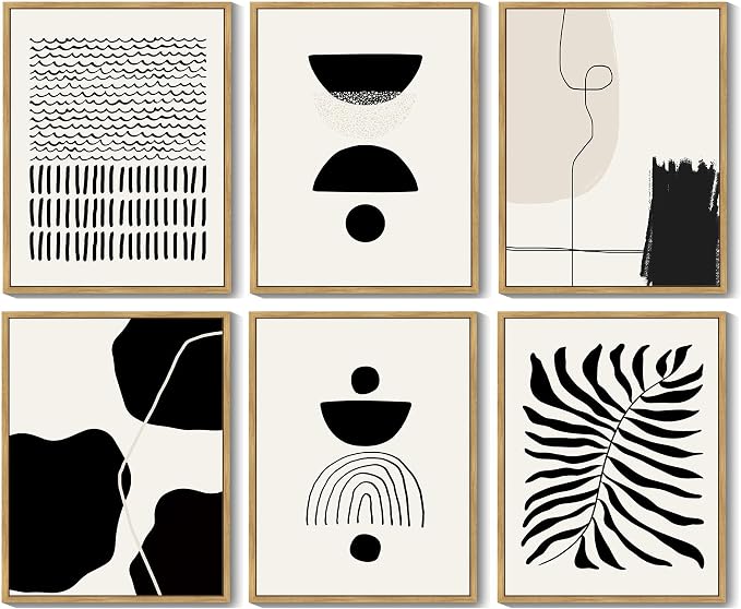 KUVIOKE Black Abstract Framed Wall Art Boho Room Decor Set of 6 Minimalist Geometric Line Art Bohemian Mid Century Modern Prints for Bedroom Living Room 8x10in (Natural Framed)