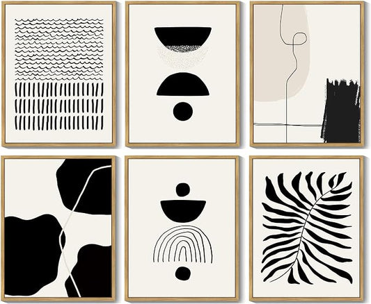 KUVIOKE Black Abstract Framed Wall Art Boho Room Decor Set of 6 Minimalist Geometric Line Art Bohemian Mid Century Modern Prints for Bedroom Living Room 8x10in (Natural Framed)