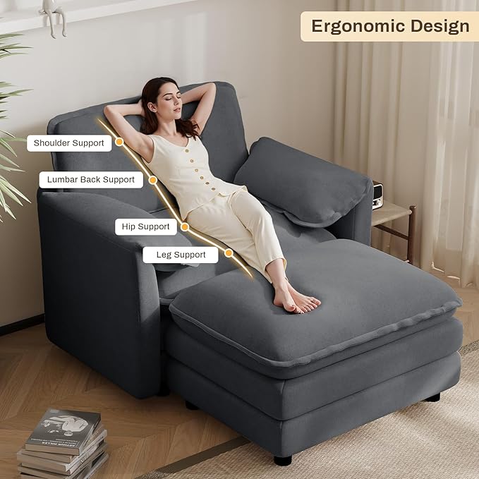 Oversized Chaise Lounge Chair Indoor with Ottoman, Firm Solid Wood Frame with Long Service Life Chenille Oversized Lounge Reading Chair for Study Room - Grey