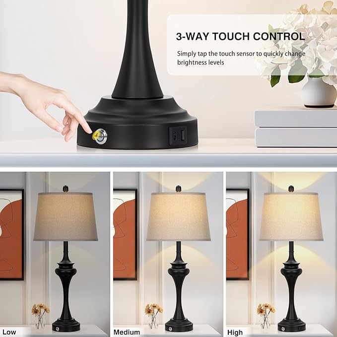Rinweey 30 Inch Black Table Lamp Single, 3-Way Touch Control Bedside Lamp with USB A+C Ports, Modern Bedroom Lamps for Nightstand, Metal Living Room Lamps for Side Table Desk Office, Bulb Included