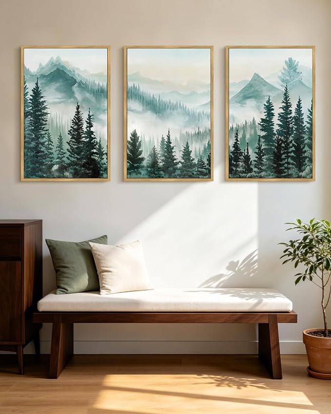 KUVIOKE Fog Pine Tree Mountain Landscape Framed Wall Art Watercolor Nature Misty Forest Painting Vintage Farmhouse Rustic Wall Decor for Bedroom Hallway 24x36in (Natural Framed)