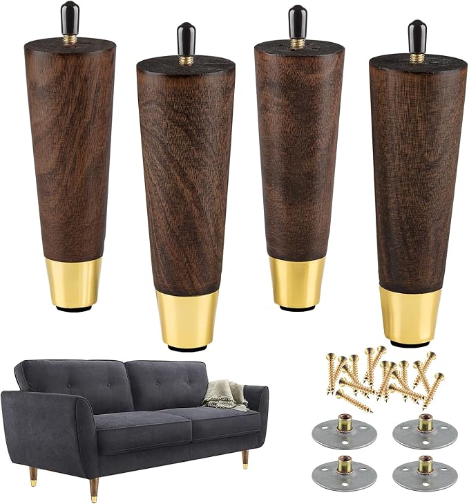 ALAMHI Mid-Century Modern Couch Legs - Set of 4, 6 Inch Brown Round Tapered with Brass Base for Cabinets, Coffee Table, Ottoman, Sofa, Loveseat, Armchair