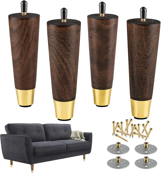 ALAMHI Mid-Century Modern Couch Legs - Set of 4, 6 Inch Brown Round Tapered with Brass Base for Cabinets, Coffee Table, Ottoman, Sofa, Loveseat, Armchair