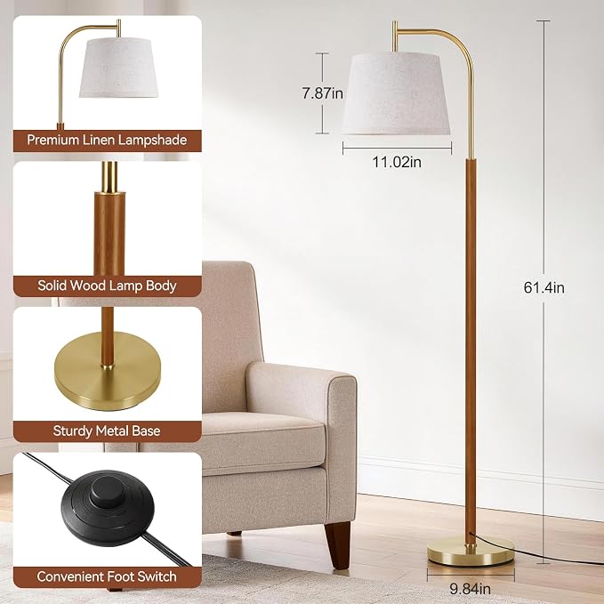 SUNMORY Wood Floor Lamp for Living Room, Mid Century Modern Floor Lamp with 3 Color Temperatures Bulb, Arc Standing Lamp with Adjustable Lampshade, Tall Reading Lamp for Bedroom, Corner, Office