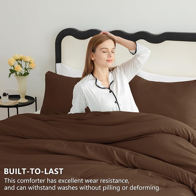 CozyLux Oversized Queen Comforter Set Brown, 3 Pieces 98"x98" Lightweight Down Alternative Quilted Bedding Sets, All Season Soft Breathable Solid Comforter with 2 Pillowcases, Bed Set Gift for Home