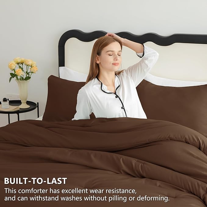 CozyLux Oversized King Comforter Set Brown, 3 Pieces 120"x98" Lightweight Down Alternative Quilted Bedding Sets, All Season Soft Breathable Solid Comforter with 2 Pillowcases, Bed Set Gift for Home