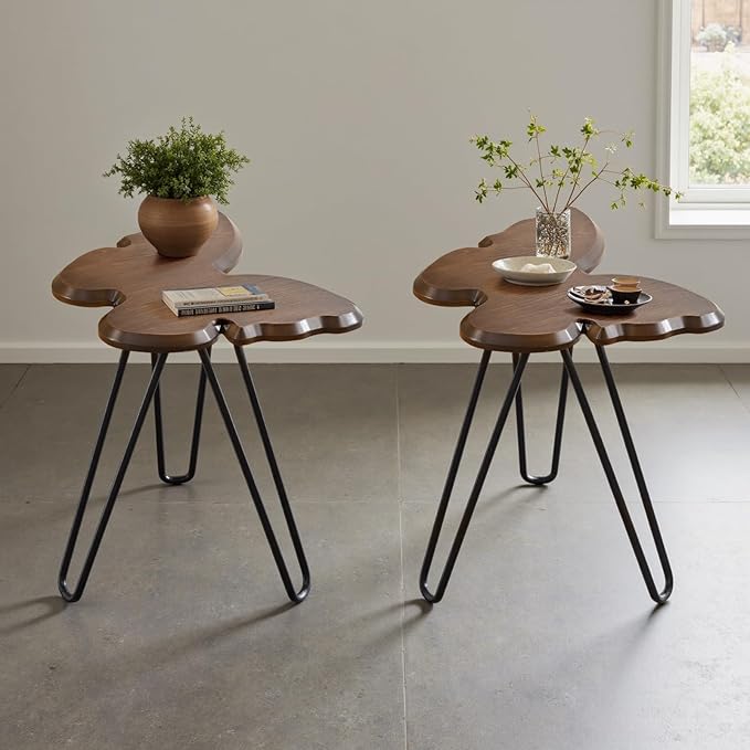 Butterfly Accent Side Table Set of 2, Walnut Brown MDF Wood Top & Black Hairpin Legs, Small Modern End Table，21.75" Tall for Living Room, Bedroom or Small Spaces