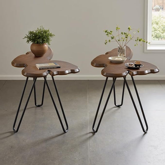 Butterfly Accent Side Table Set of 2, Walnut Brown MDF Wood Top & Black Hairpin Legs, Small Modern End Table，21.75" Tall for Living Room, Bedroom or Small Spaces