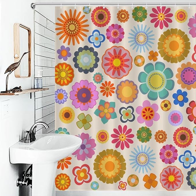 Retro Flower Shower Curtain for Bathroom, Groovy 70s Orange Sun Floral Daisy Hippie Funky Trippy Colorful Vintage Boho Waterproof Fabric Shower Curtain Set with Hooks, 72"x72"