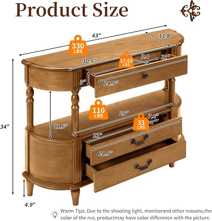 Retro Curved Console Table, 43" Solid Wood Half Moon Console Table Entryway Table Sofa Table with Open Shelf Curved Corners 3 Drawers Pine Roman Legs for Living Room,Hallway,Entryway,Brown
