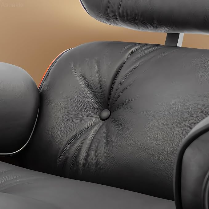 Top Black Grain Leather, Mid Century Chaise Lounge Chair and Ottoman, Modern Chair Classic Design, Heavy Duty Base Support for Living Room Study Lounge Office, Darkrosewood