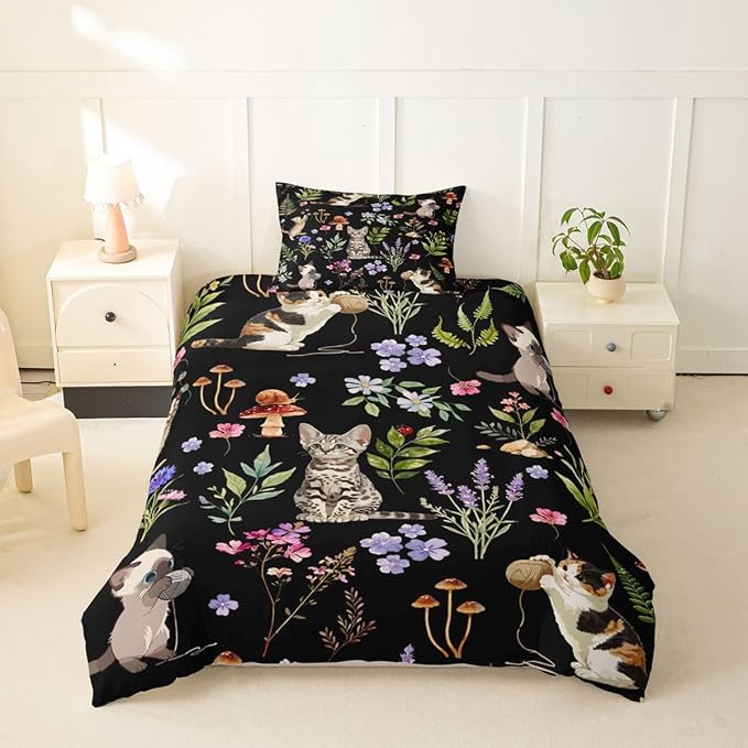 Erosebridal Cute Cat Comforter Cover Twin Kitten Cat Lovers Bedding Set Black Boho Watercolor Floral Duvet Cover for Kids Girls Boys Adults Funny Pet Animal Bed Set