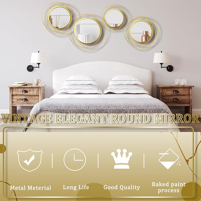 Hicarer 4 Pcs Decorative Wall Mirror Round Modern Circle Mounted Mirror Metal Wall Art Decor for Bedroom Living Room Entryway Dining Room Hallway(Gold)