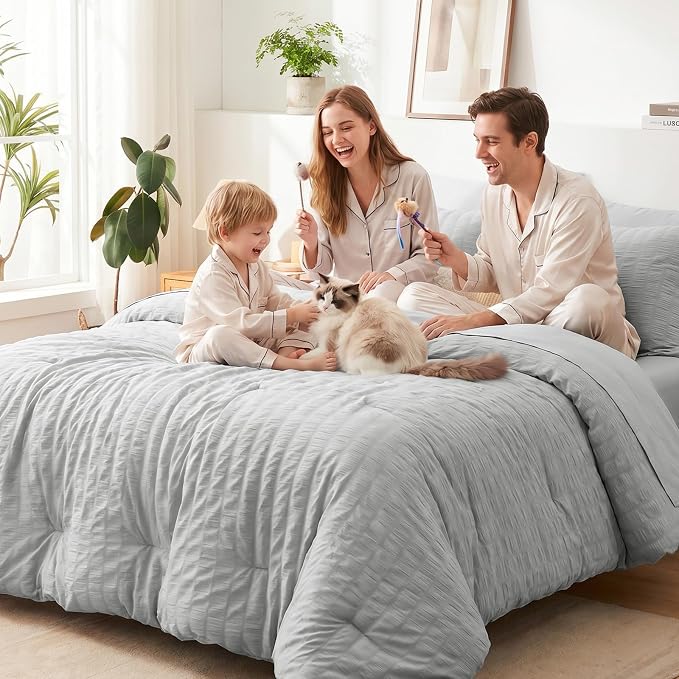 CozyLux Oversized King Comforter Set with Sheets, 7 Pieces 120"x98" Light Grey Seersucker Bed in a Bag, Light Gray Bedding Set with Down Alternative Comforter, Sheets, Pillowcases & Shams, Home Gift