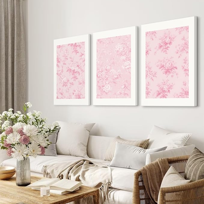 Pink Floral Wall Art Chinoiserie Flower Wall Decor Pictures Aesthetic Canvas Wall Art Love Shack Fancy Poster Vintage Floral Prints for Living Room Bedroom 12x16 Inch Framed Set of 3