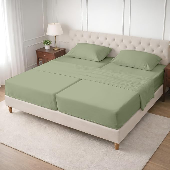 SGI Split King Sheet Set for Adjustable Bed Egyptian Premium Cotton 600 Thread Count Sheets for Sleep Number Bed 15" Deep Pocket 5 Pc Set with 2 Twin XL Fitted Sheets Soft Breathable -Moss