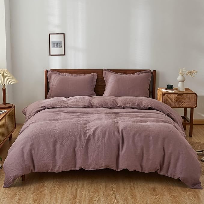 Simple&Opulence 100% Linen Duvet Cover Set, 3 PCS Natural French Flax Purple Duvet Cover Queen Size, Breathable Soft Comfy Linen Bedding Comforter Cover with 2 Pillowcases(Purple, 88"x92")