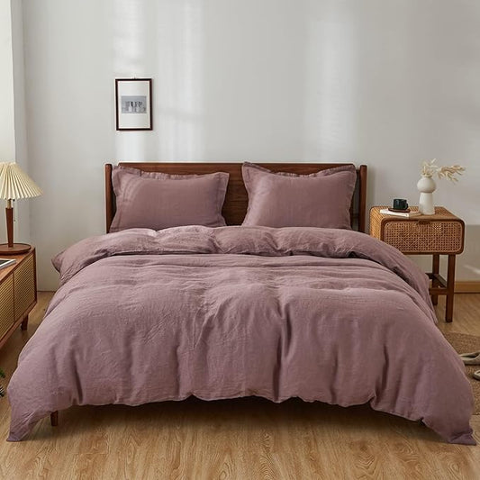 Simple&Opulence 100% Linen Duvet Cover Set, 3 PCS Natural French Flax Purple Duvet Cover Queen Size, Breathable Soft Comfy Linen Bedding Comforter Cover with 2 Pillowcases(Purple, 88"x92")