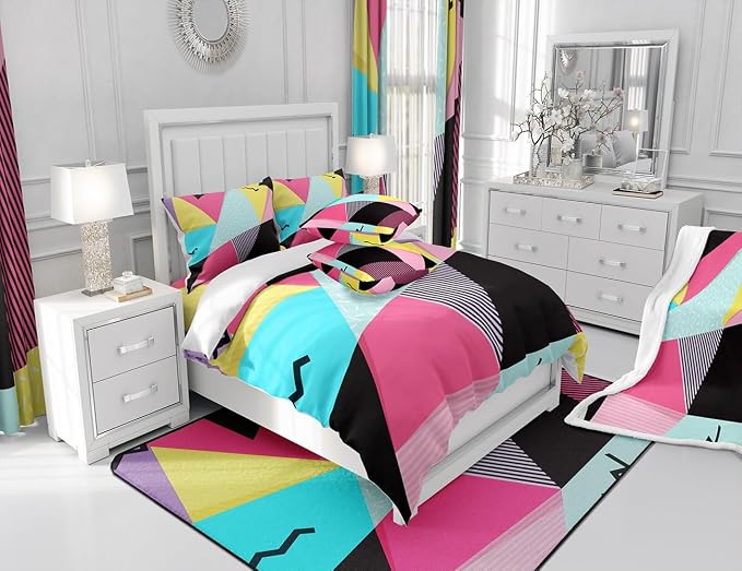 Memphis Duvet Cover Set Queen Size, Retro 80s 90s Fashion Style Comforter Cover with 2 Pillowcases, Colorful Triangle Geometric Bedding Set for Kids Boys Girls Lightweight Bedspread Cover,No Comforter