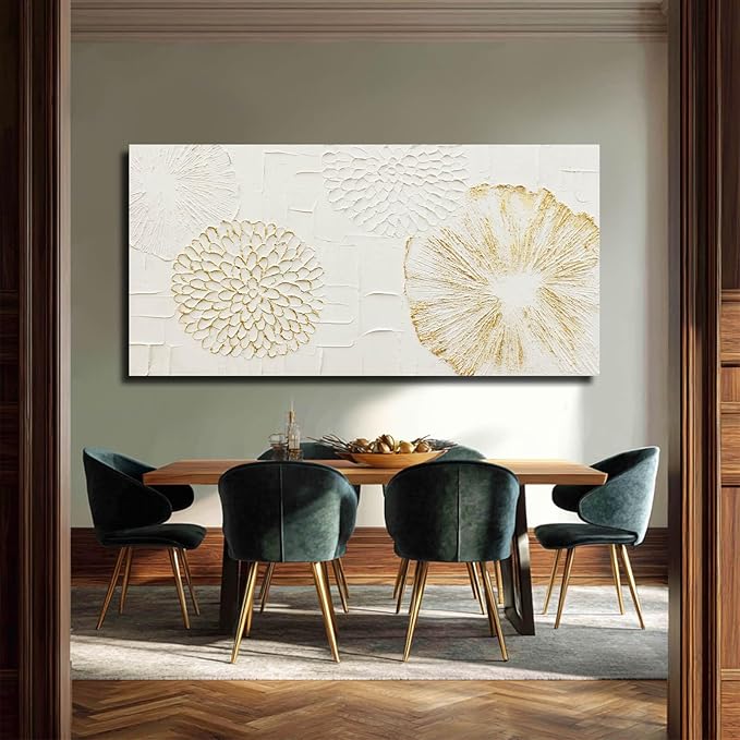 VAYIMDH White Wall Art Floral Paintings Hand Drawn Wall Decor Gold Arts Pictures 29"x58" Artwork for Living Room Dinning Room