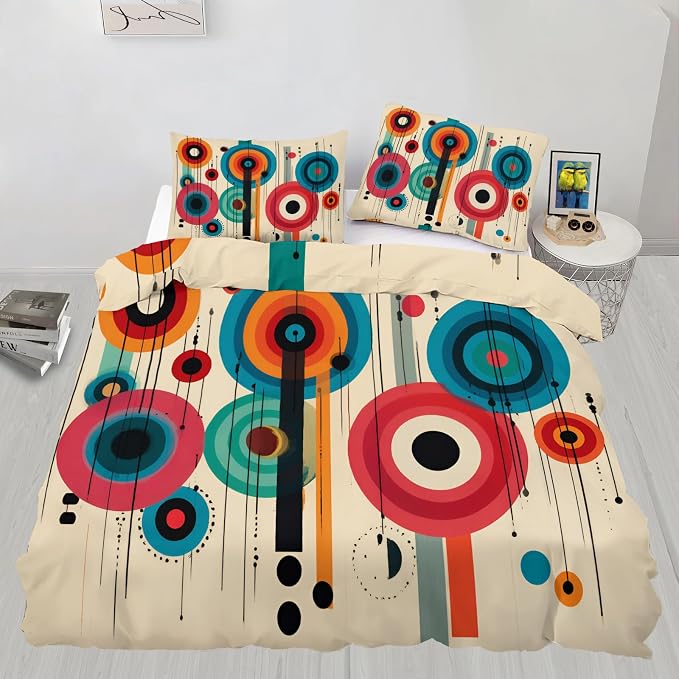 Bohemian Vintage Psychedelic Duvet Cover Oversized King, Mid Century Modern Bedding Set 3 Piece, Abstract Circle Geometric Patterned Comforter Cover with Zipper Soft Microfiber, 2 Pillowcases