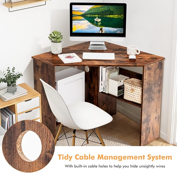 LDAILY Corner Desk, Space Saving 90 Degree Triangle Computer Desk with Storage Shelves & Cable Holes, Wood Compact Corner Writing Table for Small Spaces, Home Office, Bedroom & Living Room, Coffee