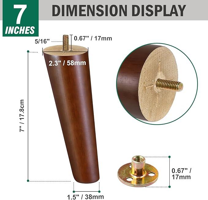 FoDau770 Brown Rubber Wood Furniture Legs 7 Inches, Slant Tapered Wood Feet Mid Century Sofa Legs Set of 4, 5/16" UNC Furniture Feet Replacement Parts for Cabinet Couch Dresser Chair Ottoman Table