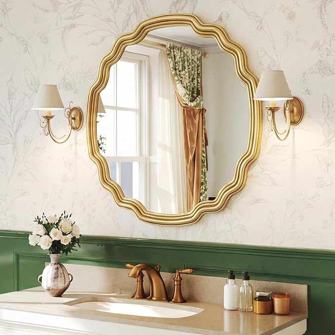 Decorative Gold Round Wave Mirror 26" Scalloped Edge Circle Mirror Wall Decor for Bathroom Entryway Fireplace Living Room Bedroom Hallway with Shatterproof Glass