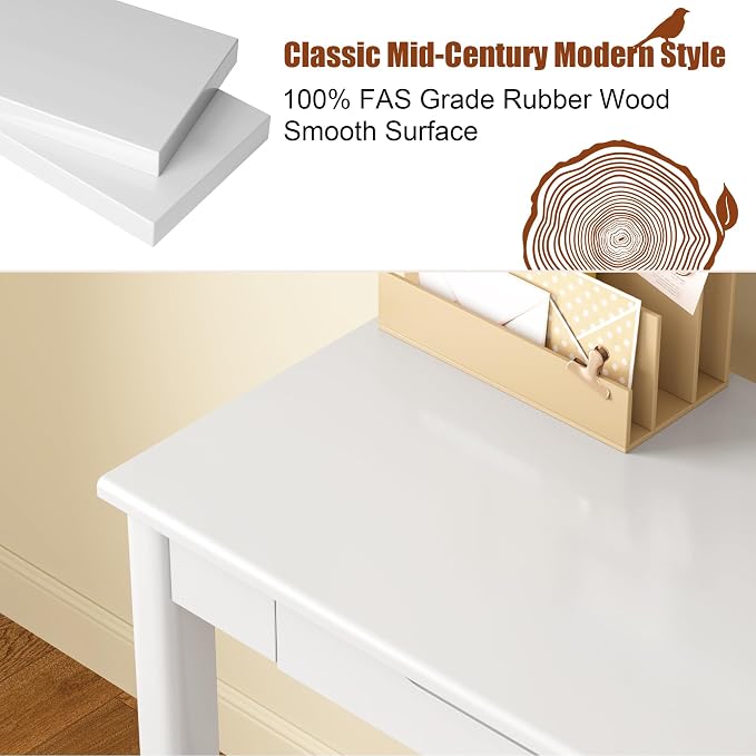 Solid Wooden Desk with Drawers - 39 x 16 Inch Simple Narrow Desks, Rubber Wood Study Table, Small Writing Desk for Bedroom|Small Spaces - White Modern Desks