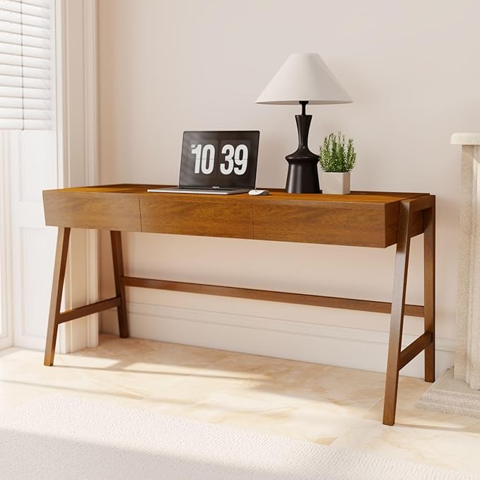 Wood Desk with Drawers Walnut Home Office Desk Mid Century Modern Writing Table for Bedroom Vanity Living Room Study Workstation