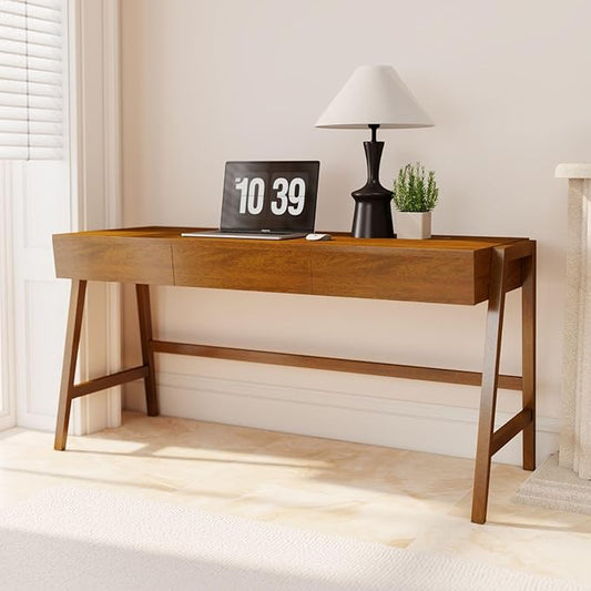Wood Desk with Drawers Walnut Home Office Desk Mid Century Modern Writing Table for Bedroom Vanity Living Room Study Workstation