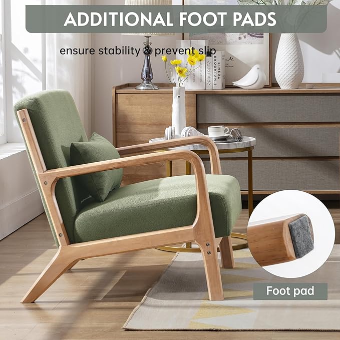 ANJ Mid Century Modern Accent Chairs Set of 2, Comfy Fabric Reading Chair with Solid Wood Frame, Easy Assembly Armchair for Living Room Blackish Green 2