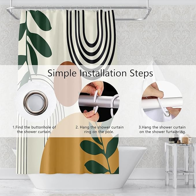 Abstract Mid Century Bohemian Bathroom Shower Curtain Orange Sun Green Eucalyptus Leaves Arch Shower Curtain with Hooks Waterproof Fabric Polyester Shower Curtain Home Decor, 72x84 Inch