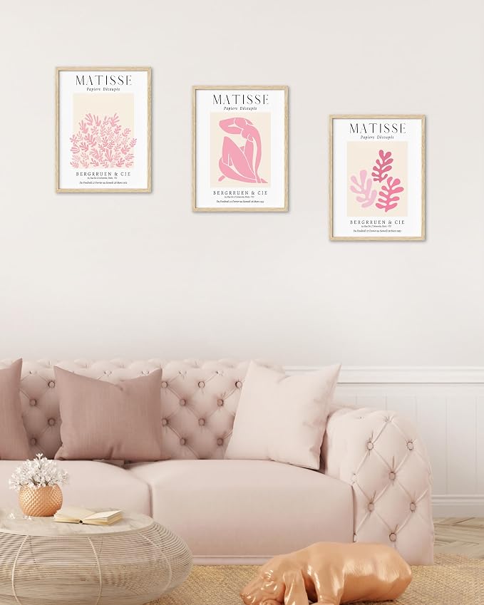 HesenDot Unframed Matisse Pink Wall Art,12x16in Canvas Prints Set of 3, Modern Abstract Wall Decor Posters,Minimalist Home Decoration for Living Room Bedroom Office, Unframed